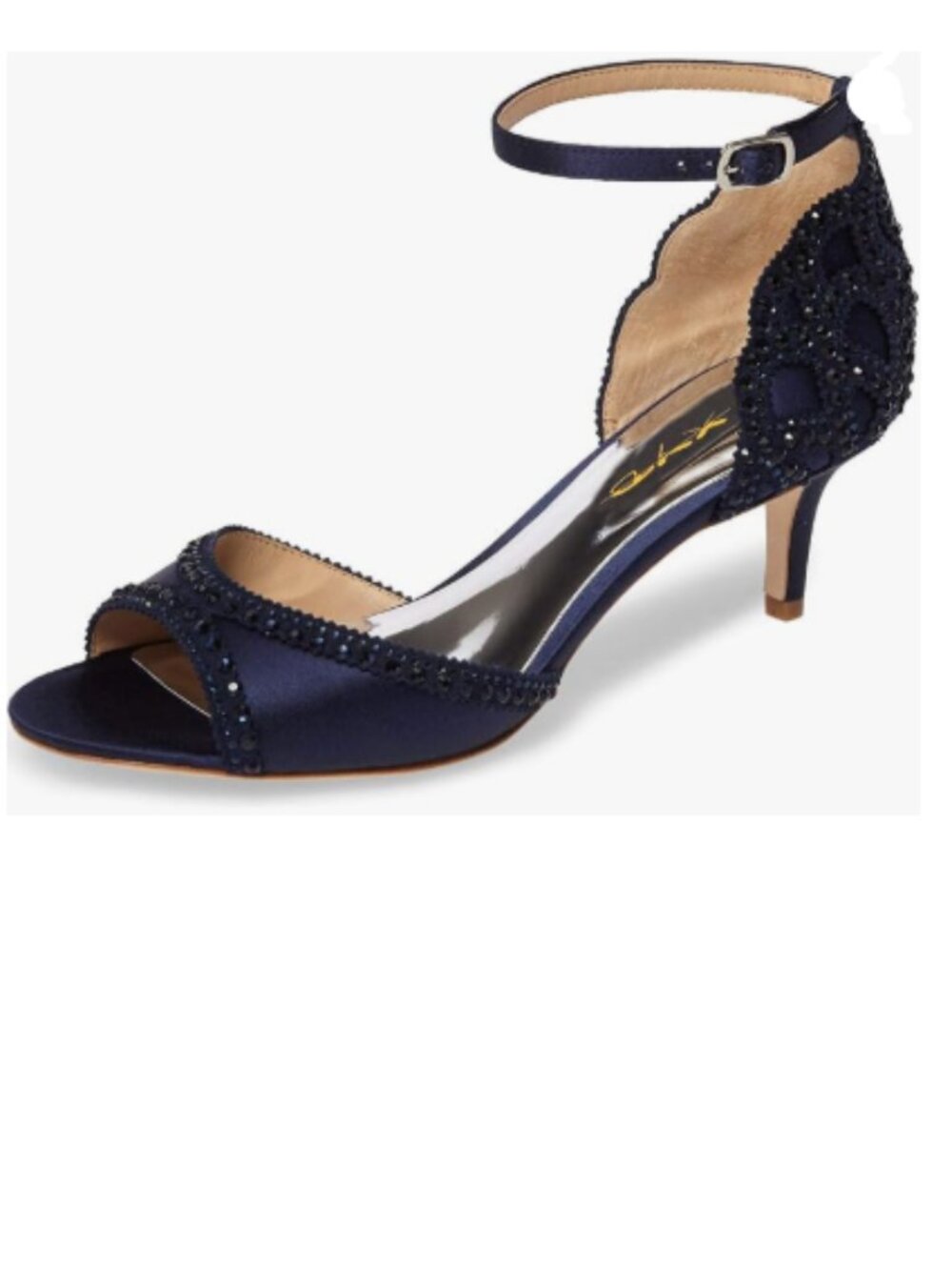 XYD Navy Peep Toe D'Orsay Kitten Heel Rhinestone Ankle Strap Satin Sandal